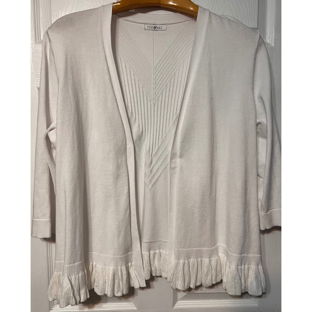 Roz & Ali White Ruffle Hem Open Front Cardigan 3/4 Sleeve Plus Size 2X